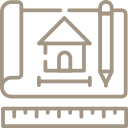 Icon of architectural blueprint with house, pencil, and ruler.