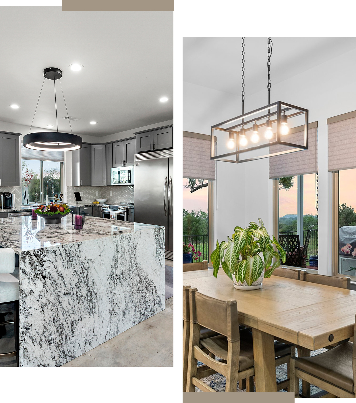 Modern kitchen with marble island and stylish dining area under pendant lights.