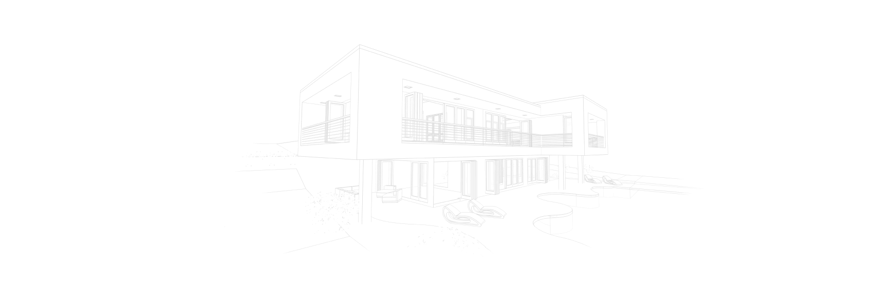 Line drawing of a modern two-story house with outdoor furniture.