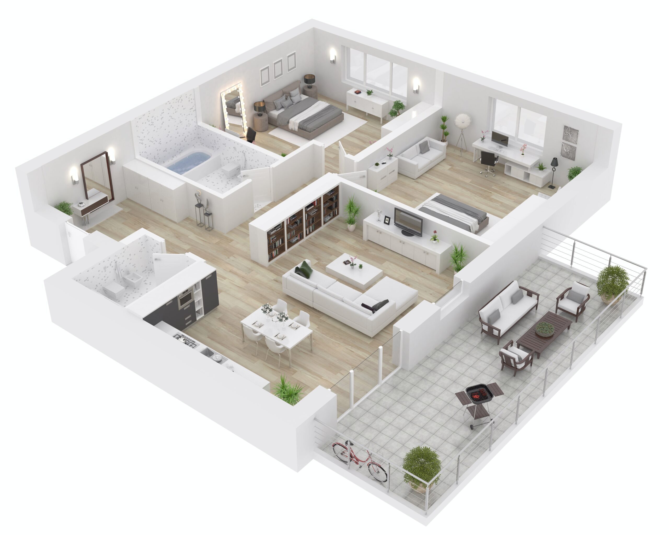 3D floor plan of a modern, open-concept apartment with living, kitchen, dining, and bedroom areas.