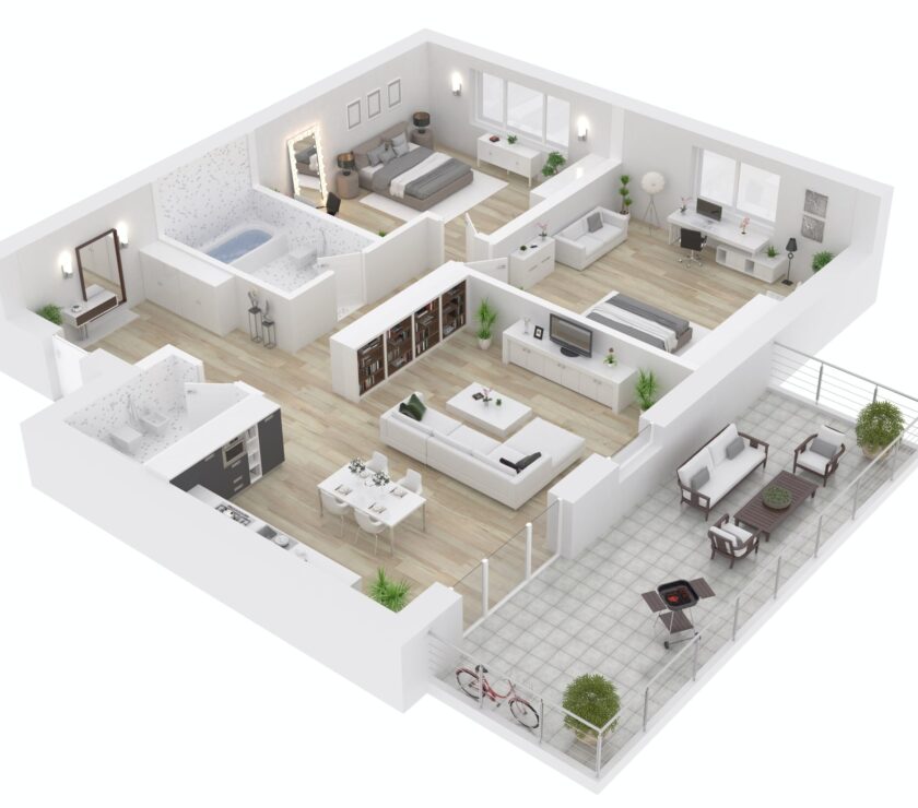 3D floor plan of a modern, open-concept apartment with living, kitchen, dining, and bedroom areas.