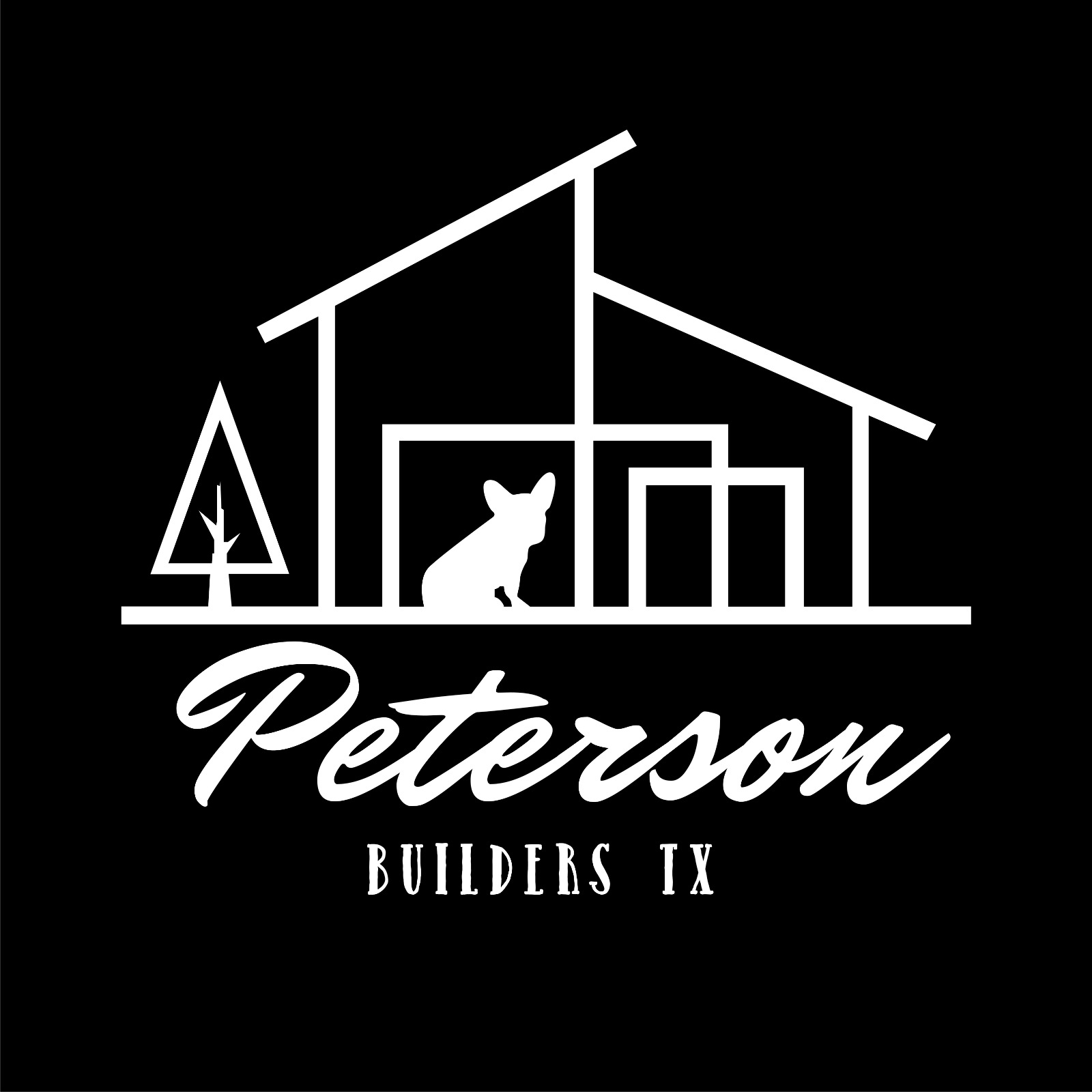 Minimalist logo of a house with a cat and tree.