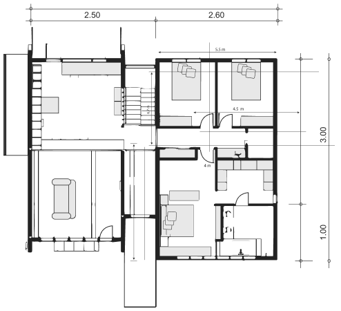 A detailed architectural floor plan of a residential house with labeled rooms and measurements.