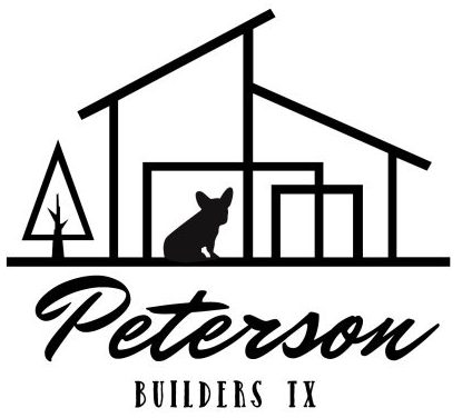Logo of Peterson Builders TX with a house and dog silhouette.