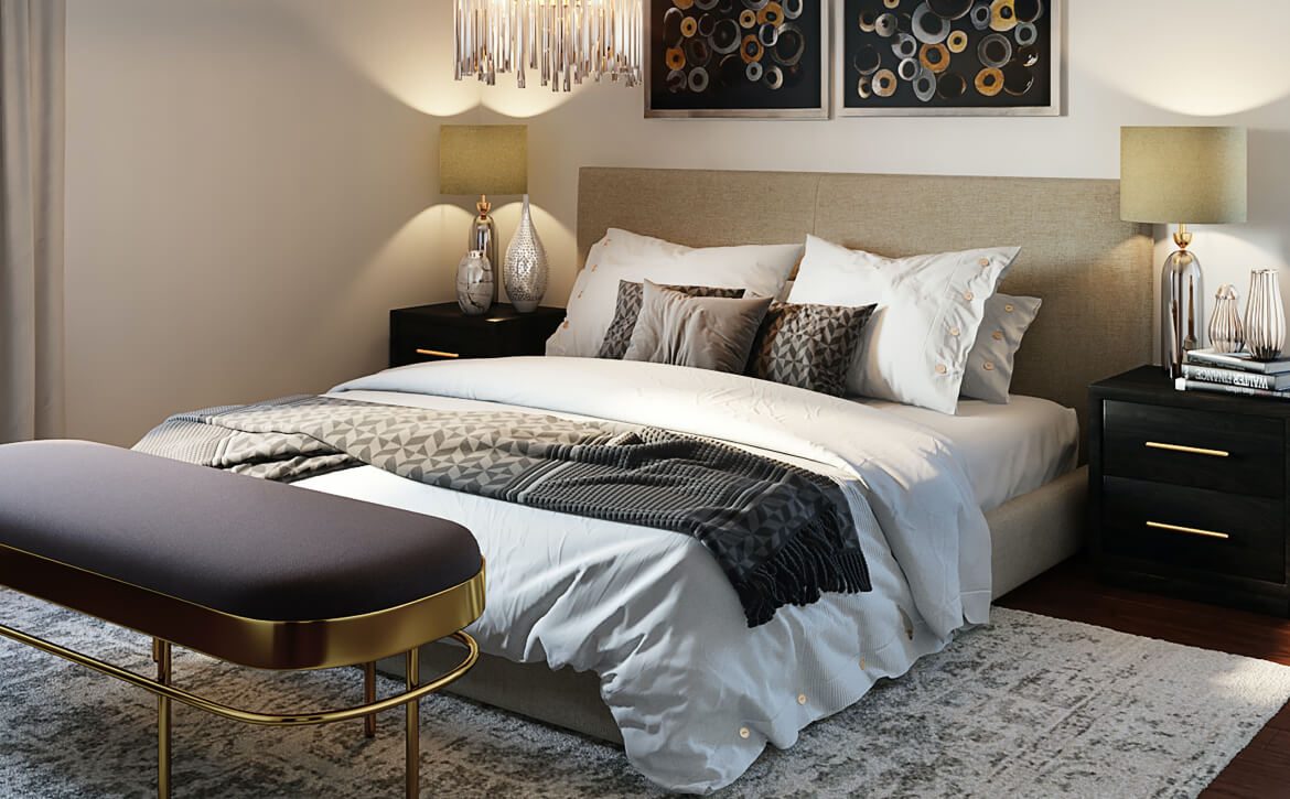 Elegant bedroom with neutral tones and textured bedding.