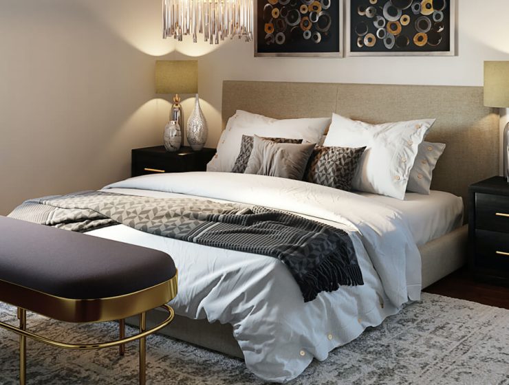 Elegant bedroom with neutral tones and textured bedding.