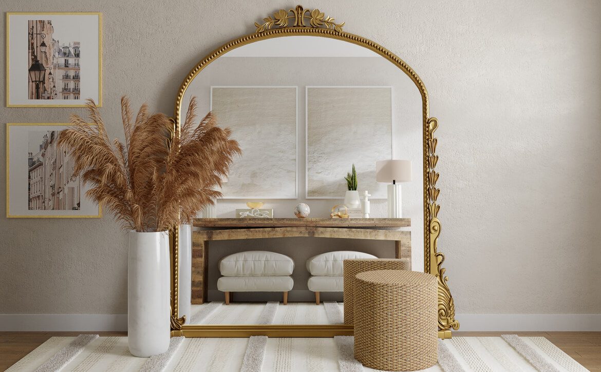A stylish mirror reflecting a cozy room with neutral decor.