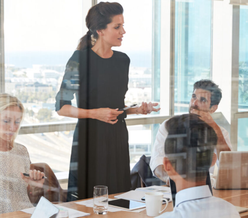 A woman standing and speaking during a business meeting.