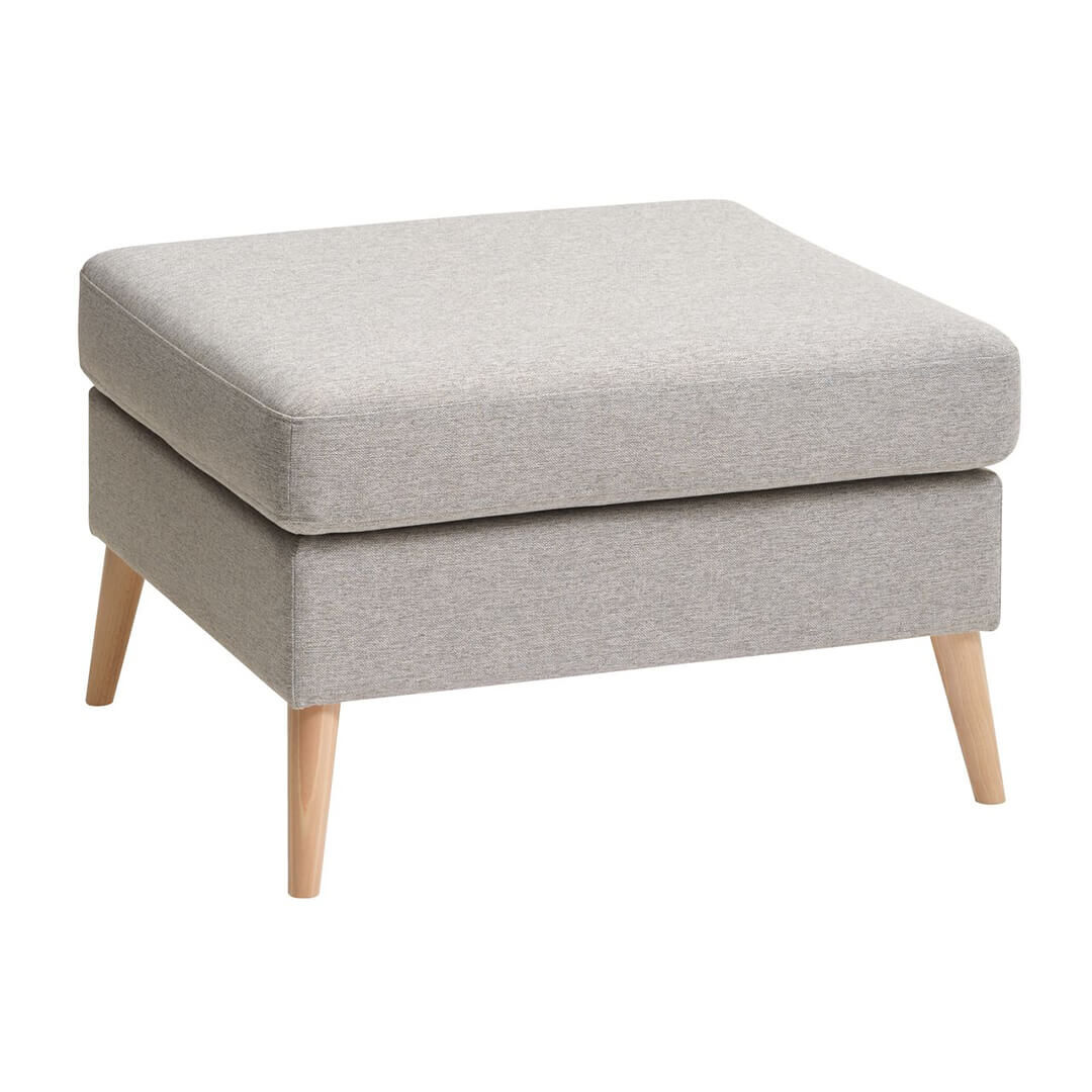 A modern gray ottoman with wooden legs.