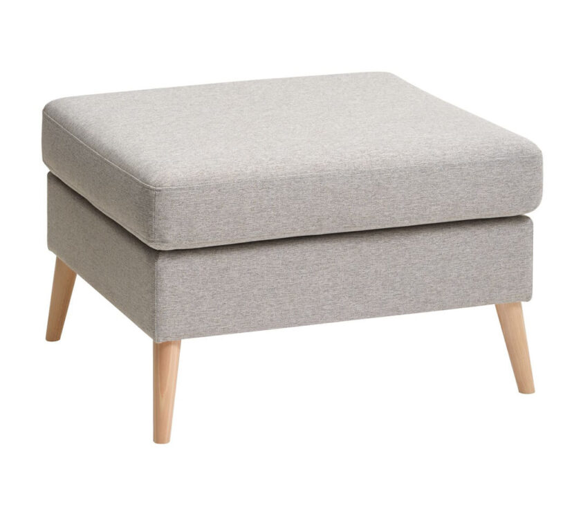 A modern gray ottoman with wooden legs.