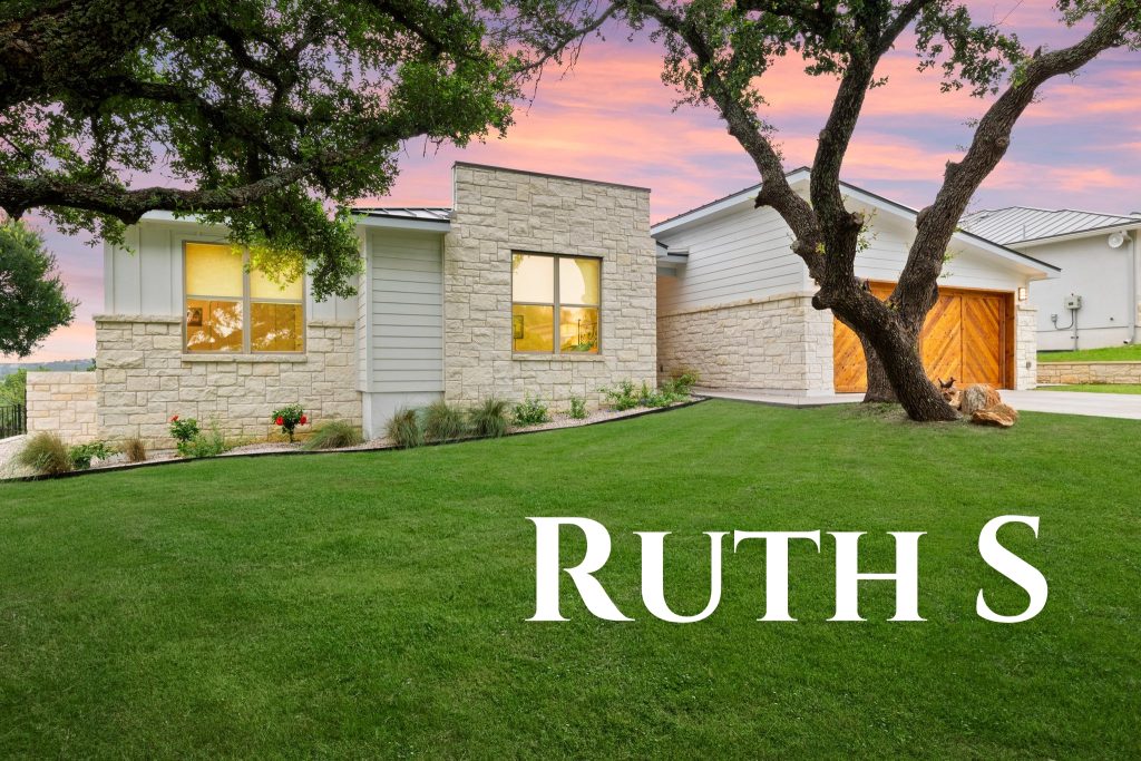 A suburban house at sunset with the name 'RUTH' displayed.